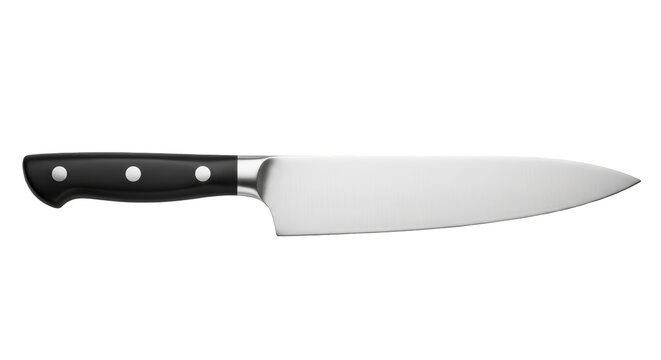 Professional silver chef knife with black handle on transparent background png (पेशेवर शेफ चाकू)