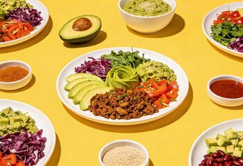 Colorful plant based meal featuring fresh vegetables avocado and seasoned protein served in a vibrant setting emphasizing health conscious dining and culinary creativity