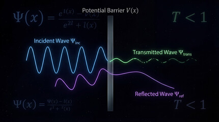 Obraz premium Quantum wave functions navigating a potential energy barrier, beautifully illustrating reflection, transmission, and subtle tunneling phenomena