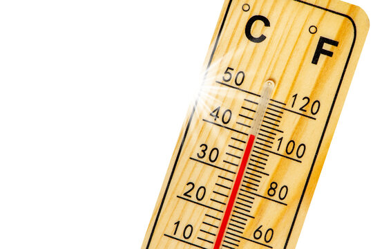 Thermometer zeigt gro&szlig;e Hitze und hohe Temperatur, isoliert als Freisteller &uuml;ber transparentem Hintergrund