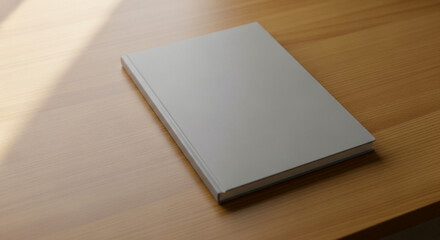 Fototapeta premium Minimalist blank notebook mockup on a wooden desk. Realistic 3D render with soft natural lighting and top view for stationery branding, journal design, and creative office workspace.