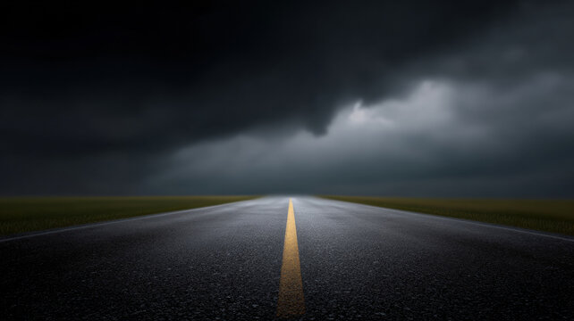 Dark asphalt road leading into ominous storm with heavy black clouds and dramatic mood, representing danger and uncertainty ahead on wet highway surface