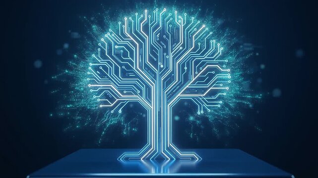 A glowing tree design made of circuit patterns on a dark background.