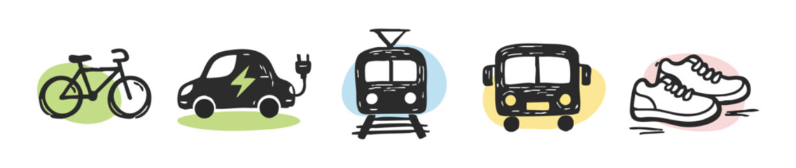 Fototapeta premium Hand-drawn doodle icons for sustainable transport: bike, electric car, train, bus, and walking shoes for eco-friendly mobility and green travel.