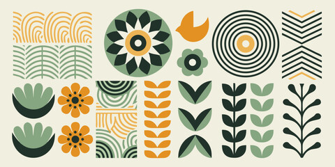 Abstract botanical illustration featuring various geometric floral and leaf shapes © Hridoy