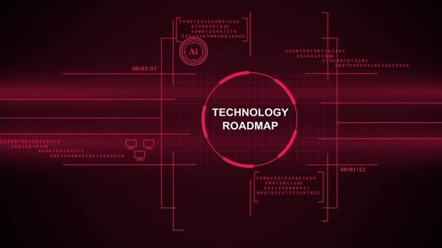Futuristic Technology Roadmap Interface with Artificial Intelligence AI Elements, Digital Data Visualization, HUD Display on Dark Red Background