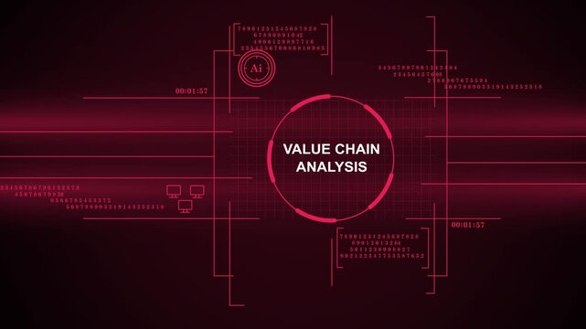 Futuristic HUD interface design with Value Chain Analysis text on dark red background, digital technology data visualization concept for business and AI analytics.