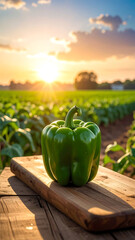 Green pepper on wood, farm backdrop with sunset glow