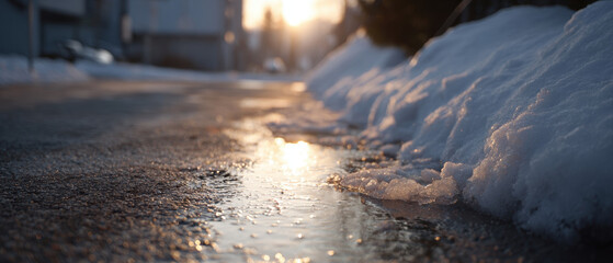 Melting snow puddle on frozen street reflects warm sunset light creating peaceful atmosphere, tranquil winter thaw scene with slush and ice on slippery road surface, cold urban weather landscape