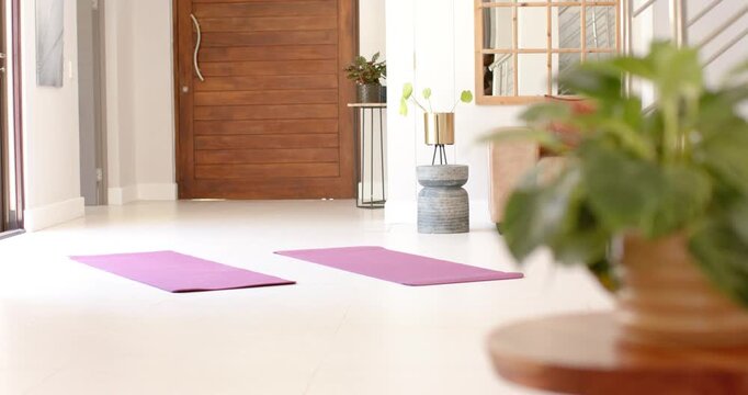 Camera is pulling back and shifting focus, revealing two purple yoga mats near window for exercise