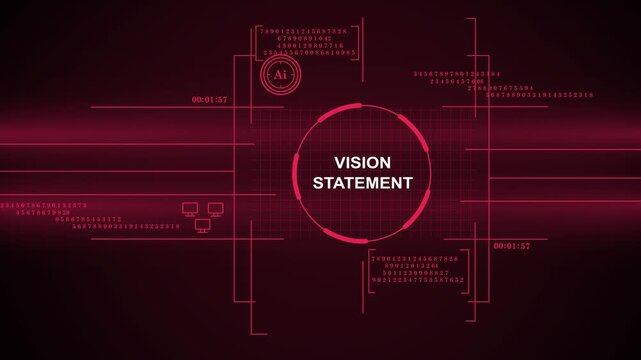 Futuristic digital HUD interface featuring "Vision Statement" text surrounded by AI data visualization, technical readouts, and corporate mission elements in a dark red high-tech environment.