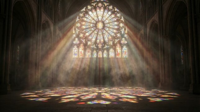 Sunlight streams through a large, ornate stained glass rose window, casting colorful patterns onto the floor in a dimly lit cathedral interior.