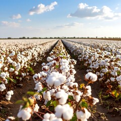 White cotton blooms fill a rural field under a blue sky, leading to the horizon