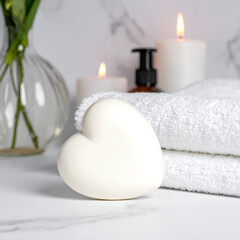 Heart-shaped soap. Candles, towels, and vase on marble counter, soft light