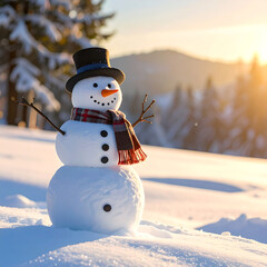 Snowman w/ hat/scarf stands in snowy field; sunlit, winter mountain background