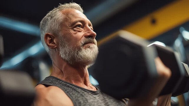 Senior man lifting dumbbells at gym.