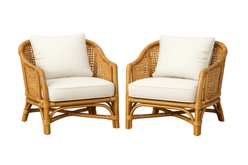 Fototapeta premium Rattan armchairs with white cushions, coastal style furniture creating a cozy home interior design atmosphere