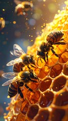 Honeybees crawl on golden honeycomb, with blurred bees and bokeh background