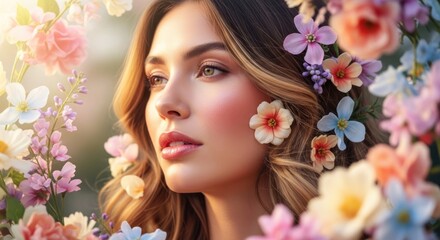 Naklejka premium A woman with long, wavy hair adorned with flowers, standing in a garden with a variety of colorful flowers in the foreground and a blurred background.