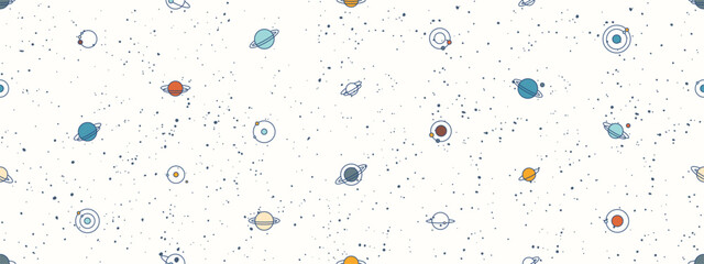 Space seamless pattern with planets, moons and stars. Abstract galaxy background, celestial pattern with cute planets with orbits and satellites in dark night sky, vector illustration © sapunkele