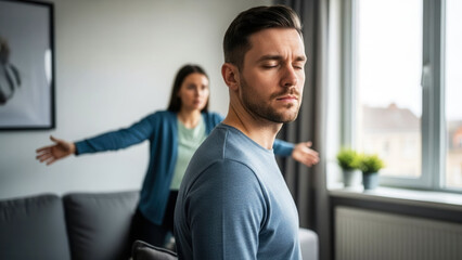 Fototapeta premium Man turning away from partner in living room, emotional distance and argument resolution