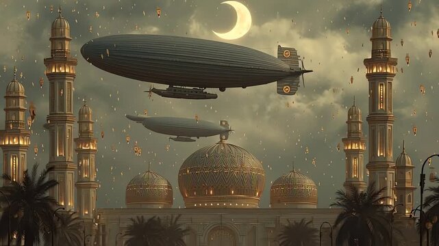 Steampunk airships fly over mosque.