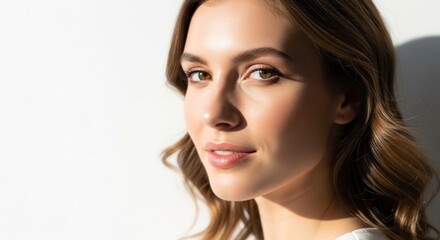 Fototapeta premium A close-up of a woman's face with long, wavy hair, wearing a white top, against a white background with a soft shadow.