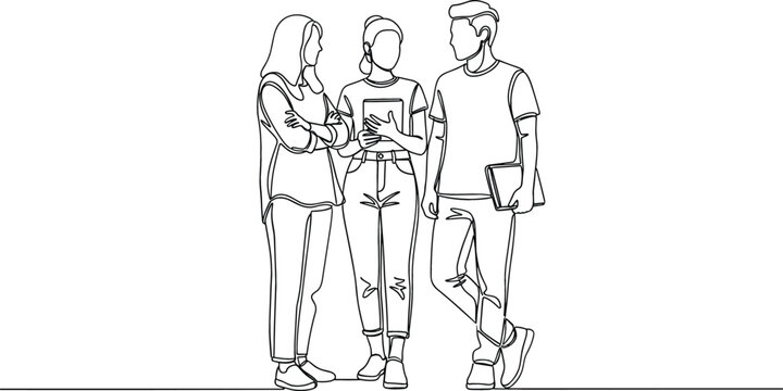 Minimalist continuous one line drawing of a group of diverse students standing and talking for education and campus life concept.