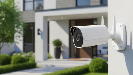 White security camera on modern home facade, smart home surveillance and safety in residential setting