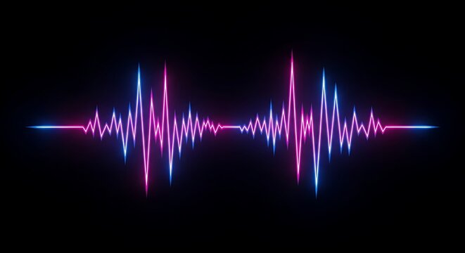 Abstract digital sound wave with vibrant blue and pink neon lights on a dark background, ideal for modern Technology background graphics and immersive media displays