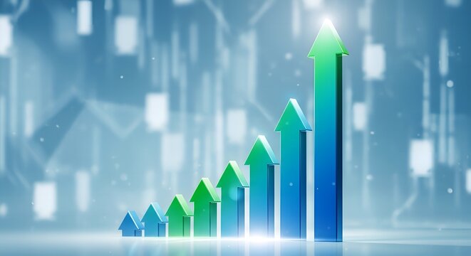 Illustration of a growing green and blue bar chart with an upward arrow indicating success and progress