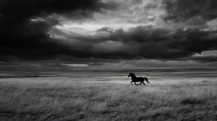 A solitary horse gallops across a vast, grassy plain under a dramatic, dark sky.