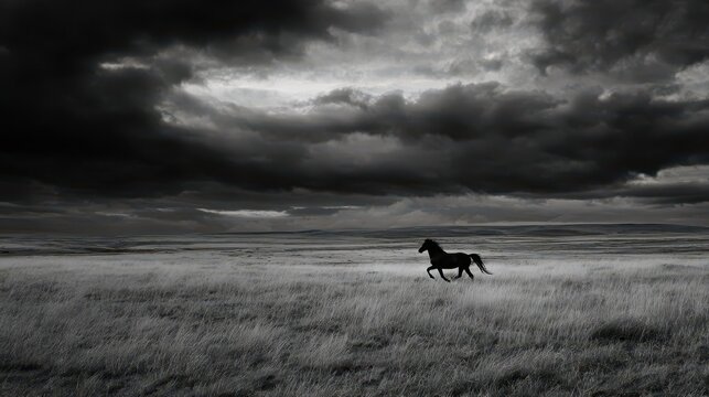A solitary horse gallops across a vast, grassy plain under a dramatic, dark sky.