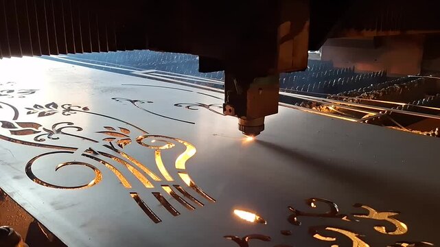 Close-up video of a CNC laser cutting machine cutting patterns on a metal sheet.