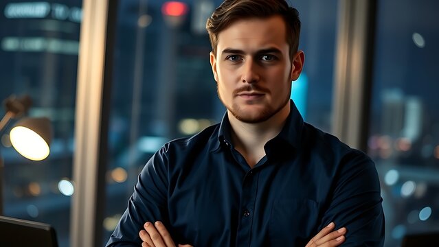 debugging. A dedicated programmer working late, illuminated by city lights and a soft desk lamp glow. product launch decks, UI/UX mockups, designed for product launches and innovation pitches.