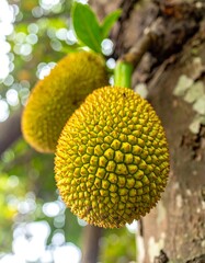 Bumpy yellow-green jackfruit hangs from a tree branch; foliage blurs in the background