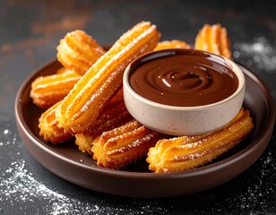 Churros dusted with sugar served with rich chocolate dip on a plate