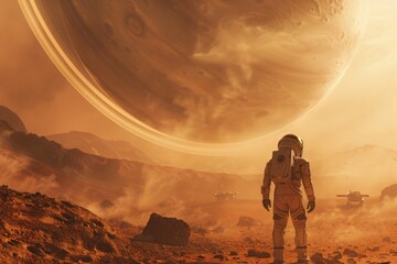 Fototapeta premium Astronaut Standing on Red Planet Mars Looking at Horizon