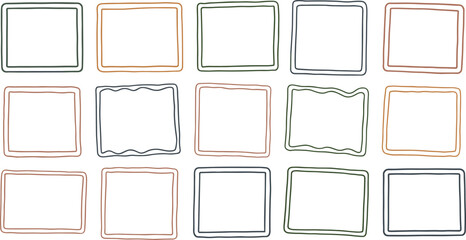Hand drawn doodle frames in various pastel colors on transparent background for photo decoration or design
