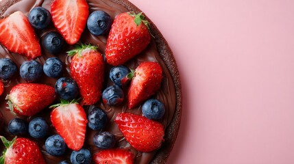 Obraz premium Chocolate pizza topped with strawberries and blueberries, clean overhead layout, soft pink background, copy space for text