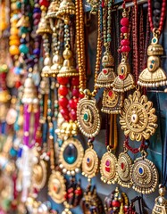 Ornate jewelry display. Vibrant beads, intricate metal pendants hanging on textured wall, creating rich tapestry