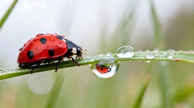 Red ladybug on green grass blade with reflection in water drop after rain
