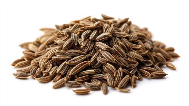 A pile of caraway seeds on a white background