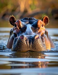 Hippo emerges from water, intense gaze, glistening skin, lit by golden light