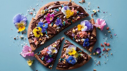 Fototapeta premium Chocolate pizza with edible flowers, pastel blue background, elegant dessert styling