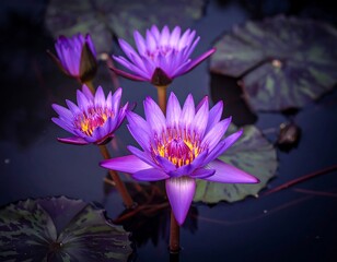 Purple water lilies bloom with bright yellow centers in a dark pond