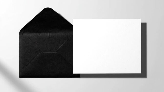 A black envelope is open next to a square white card against a light grey background