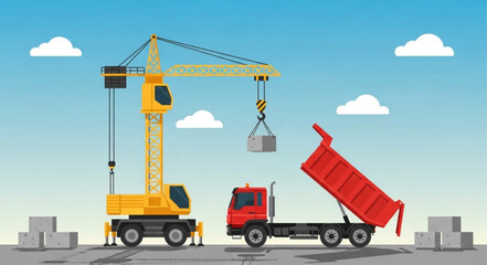 Crane Truck Lifting Heavy Load Dump Truck. © sasa