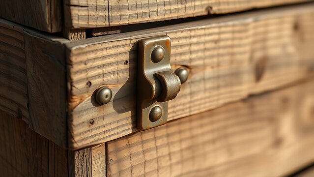 hasp. Close-up of a rusty iron hasp fastened on an old wooden crate with side lighting. safety posters, maintenance manuals, designed for precision metalworking and fabrication facilities.