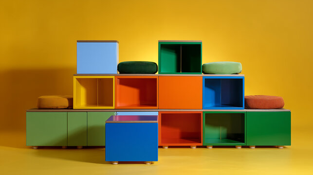 Modern Interior with Colorful Cubical Wall Shelves